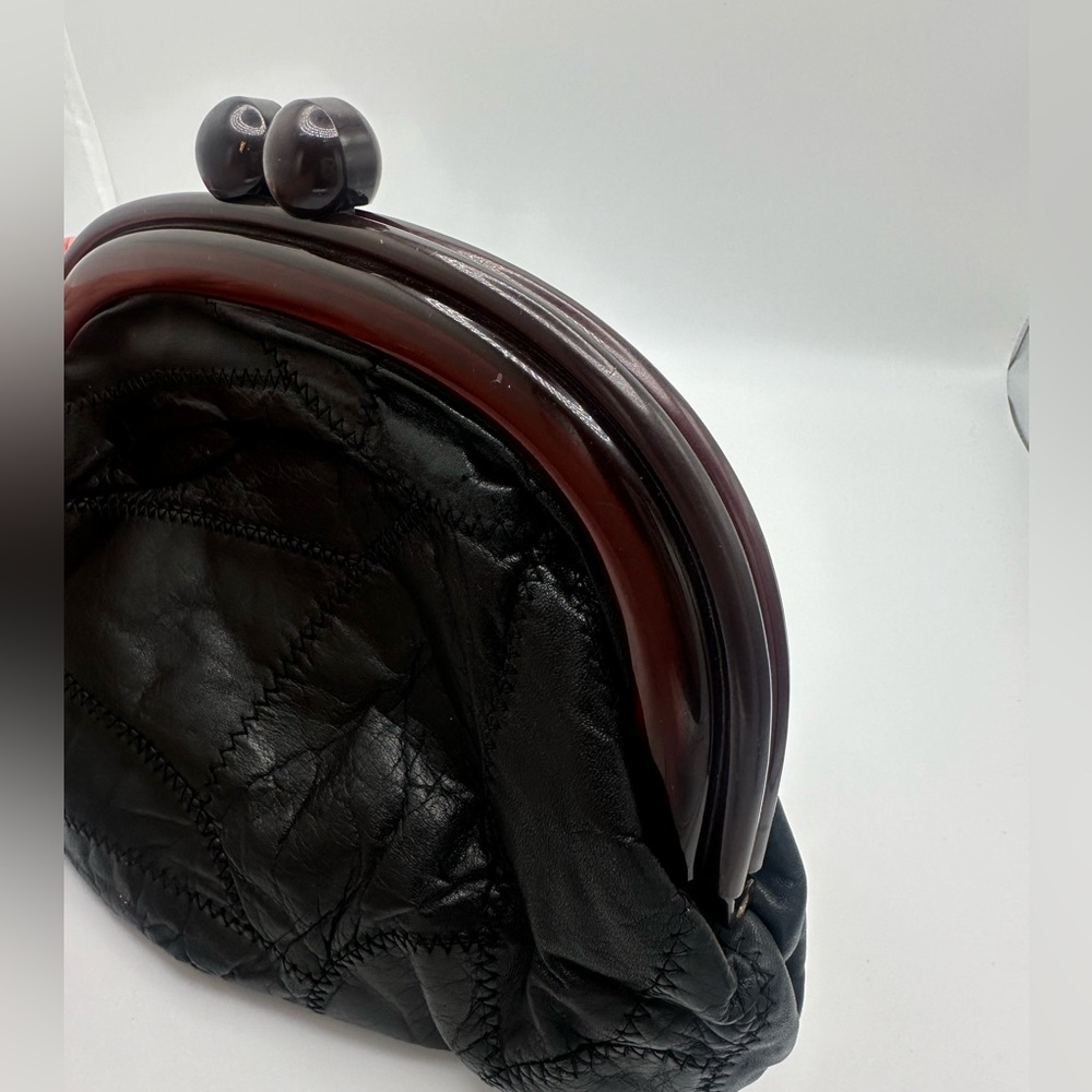 Vintage Leather Patchwork Clutch Purse Bag with Acrylic closure Black - Picture 7 of 8